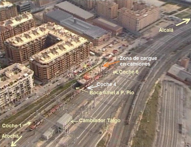 Situación del tren de Téllez tras el atentado. Los coches 1 a 4 quedaron aislados por la trinchera de la línea del Pasillo Verde